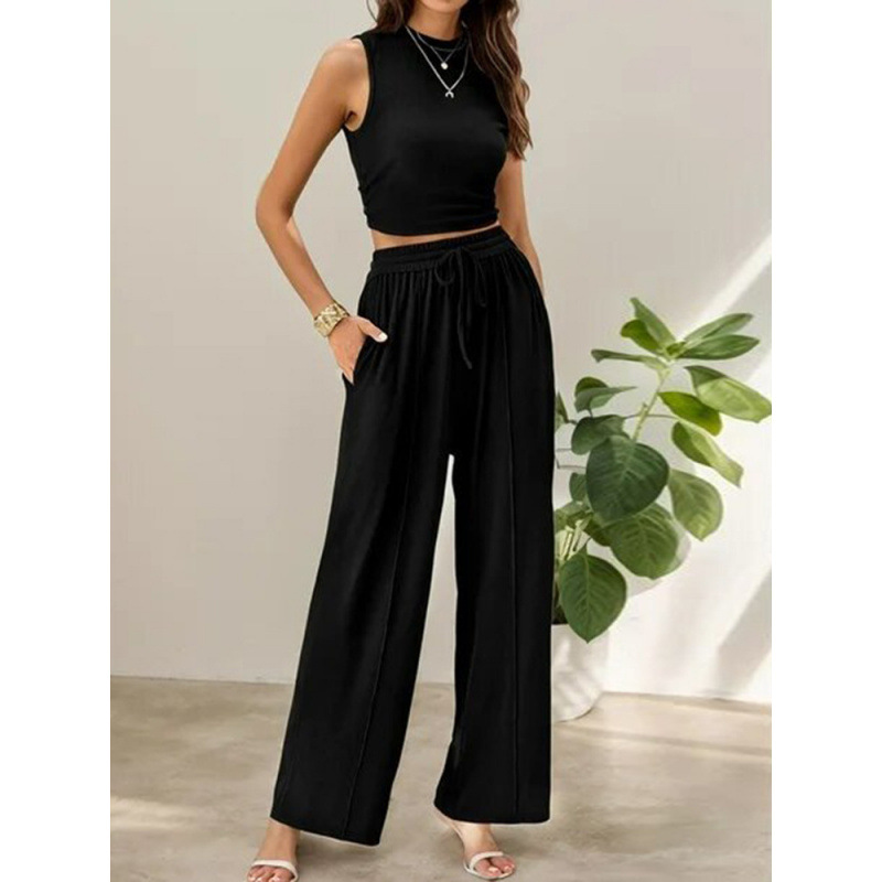 Women's Sleeveless Crop Top and Wide-Leg Pants Two-Piece Set