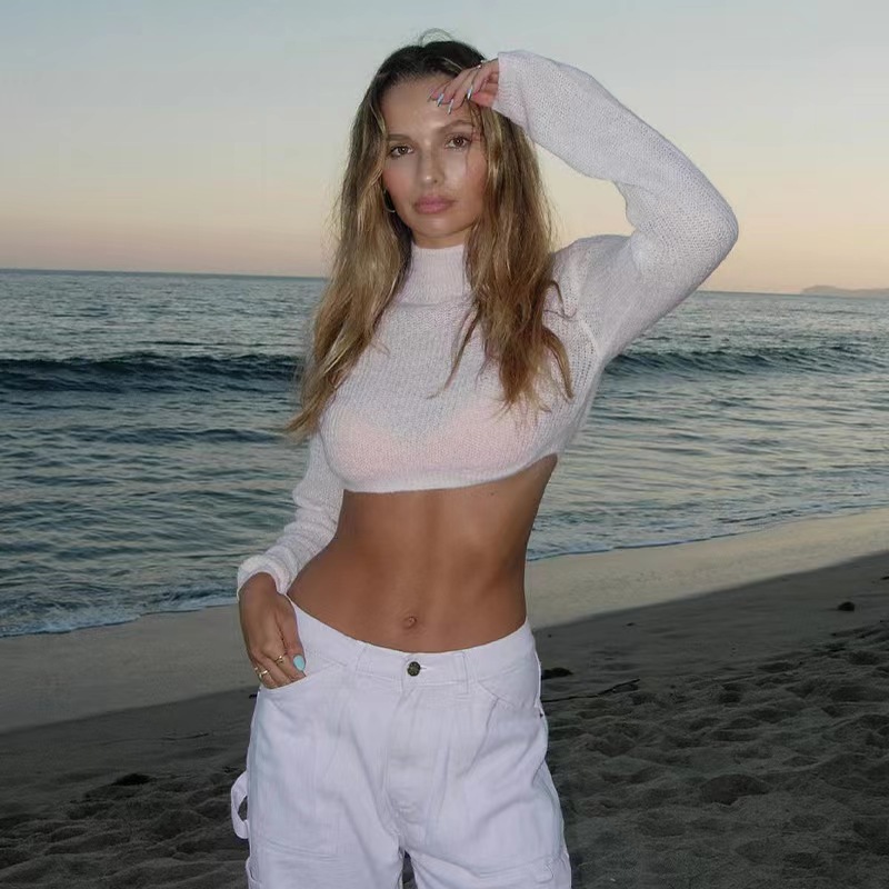 Sexy Cropped Long-Sleeve Knit Top for Women