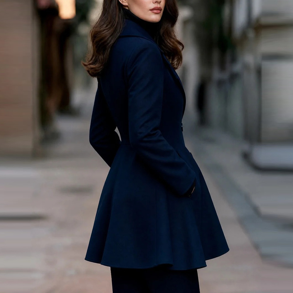 Solid Color Double-Breasted Long-Sleeve Women's Coat with Lapel Collar