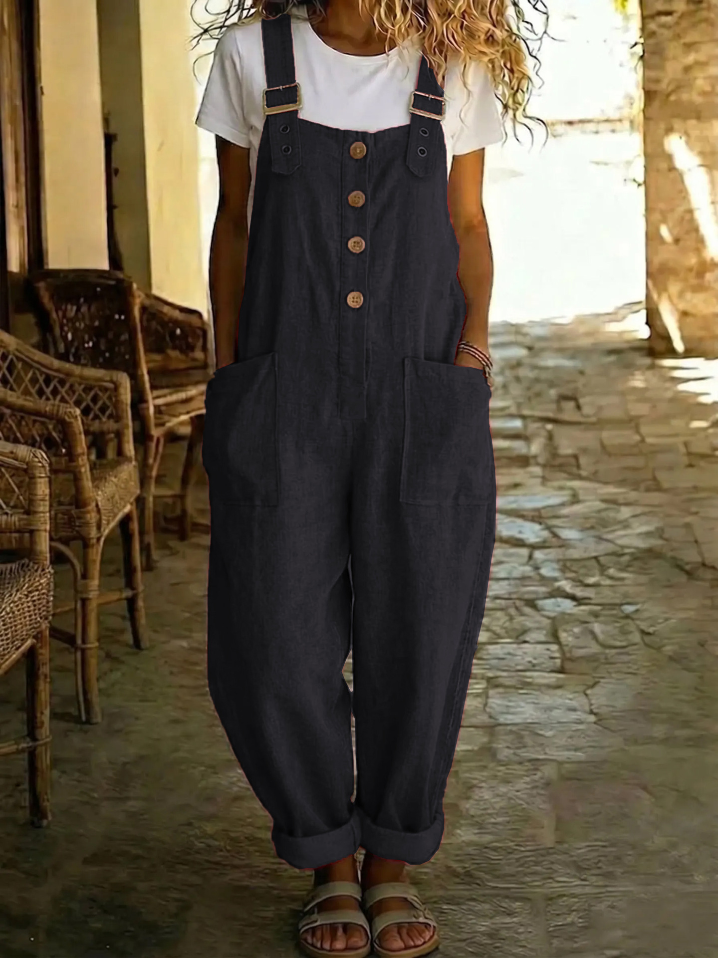 Women's Cotton-Linen Solid Color Vintage Straight-Leg Overalls with Pockets