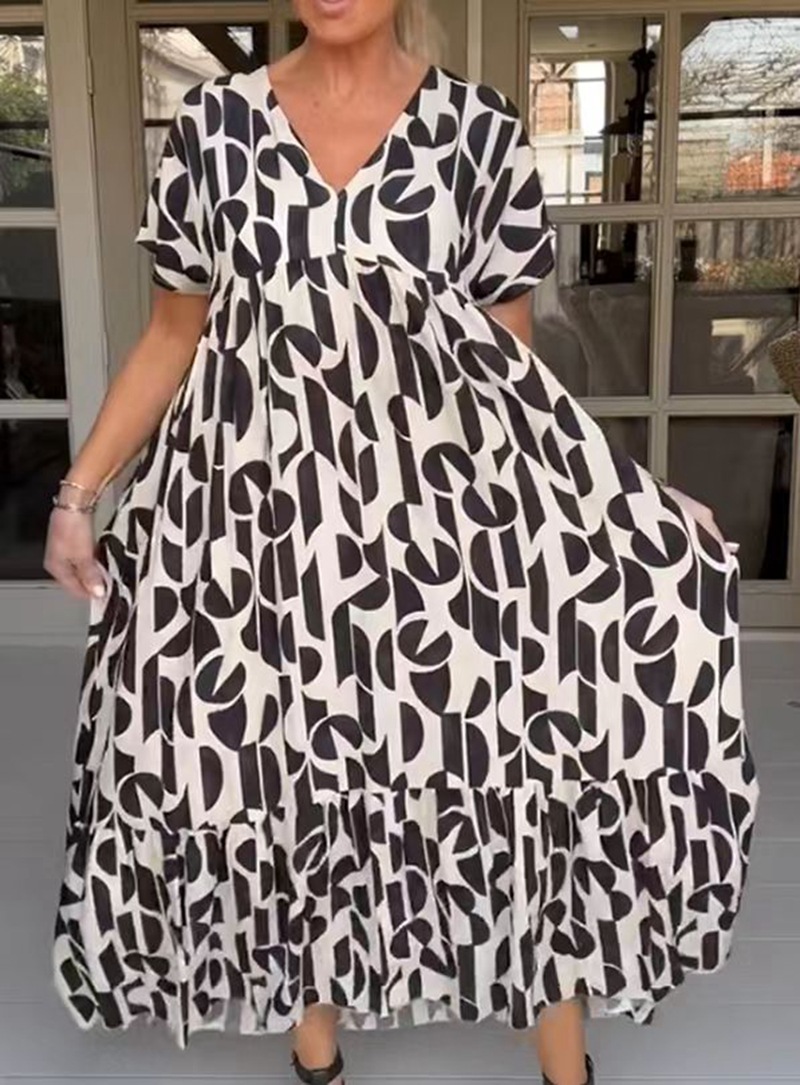 Geometric Print V-Neck Short Sleeve Loose Casual Dress