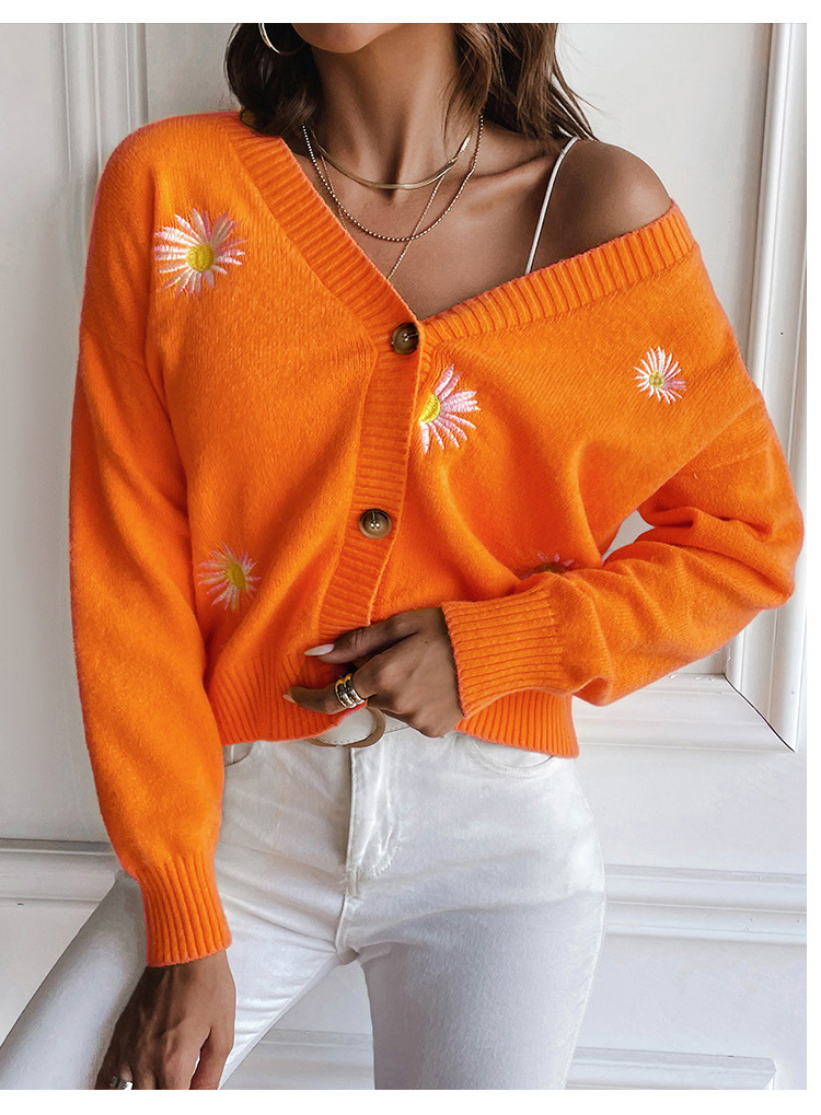 Daisy Embroidered V-Neck Cardigan Sweater