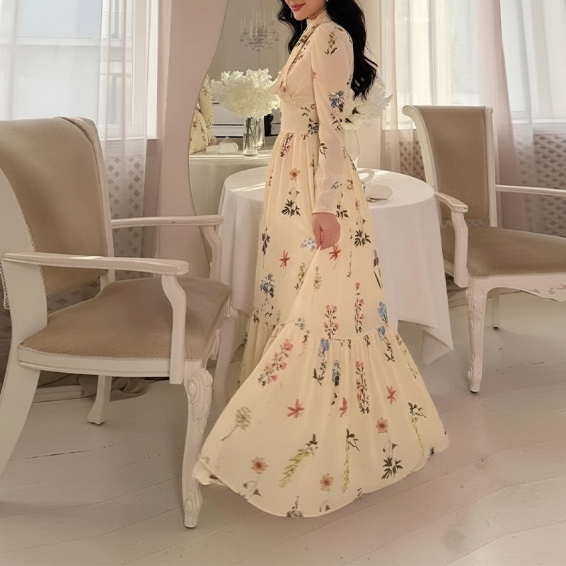 Women's Summer Floral Print A-Line Long Sleeve Dress