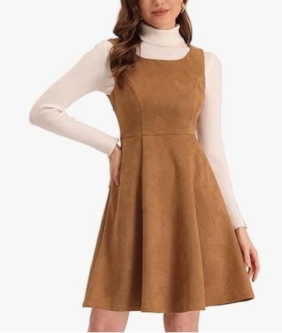 Faux Suede Sleeveless Pleated Midi Dress Slim Fit Brown