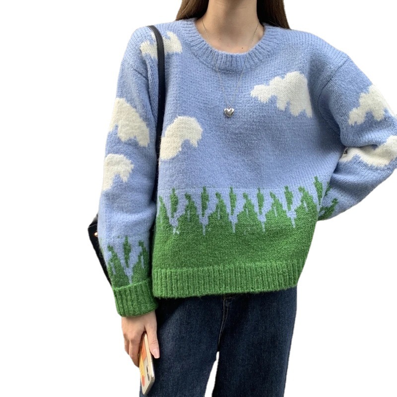 Blue Sky White Clouds Pattern Crewneck Sweater Loose Fit