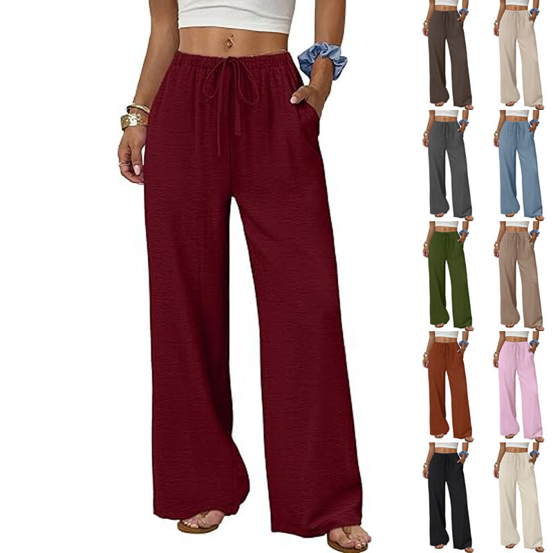 Women's Summer Solid Color Drawstring Wide-Leg Pants
