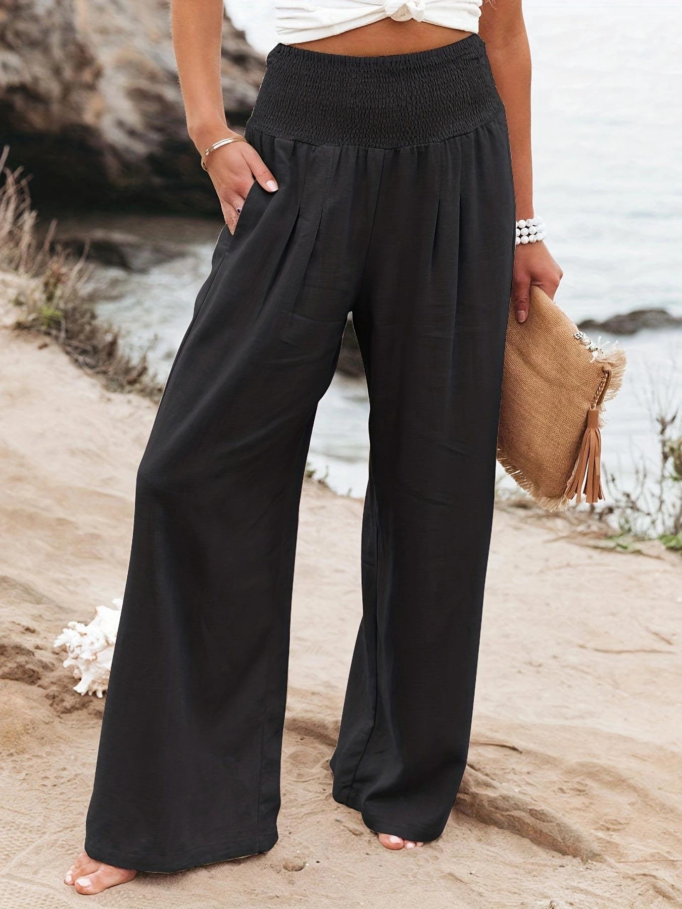 Women's Casual Cotton Distressed Mid-Rise Wide-Leg Pants