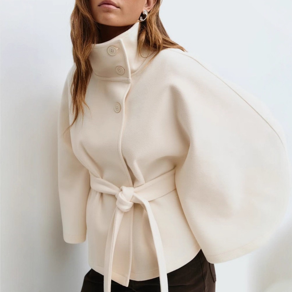 Women's Solid Color Cape-Style Trench Coat with Stand Collar, Button and Belt