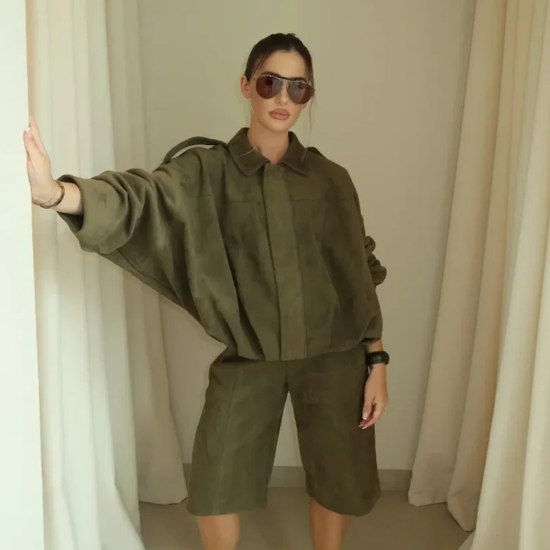 Women's Faux Leather Bomber Jacket and Shorts Set with Shoulder Buckles and Cinched Waist