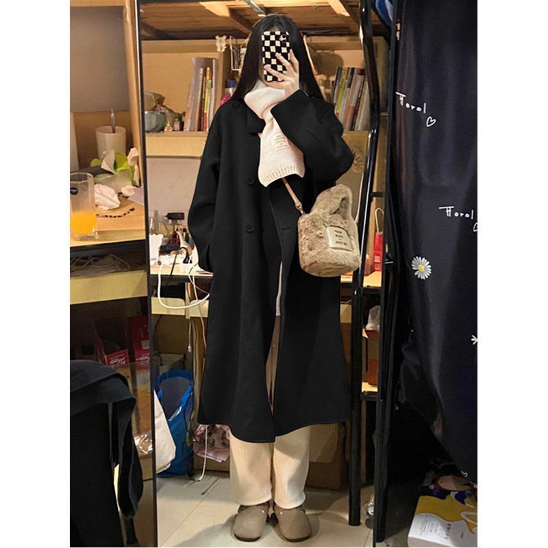 Women's Long Wool-Blend Coat Gray Korean Style Petite Thickened