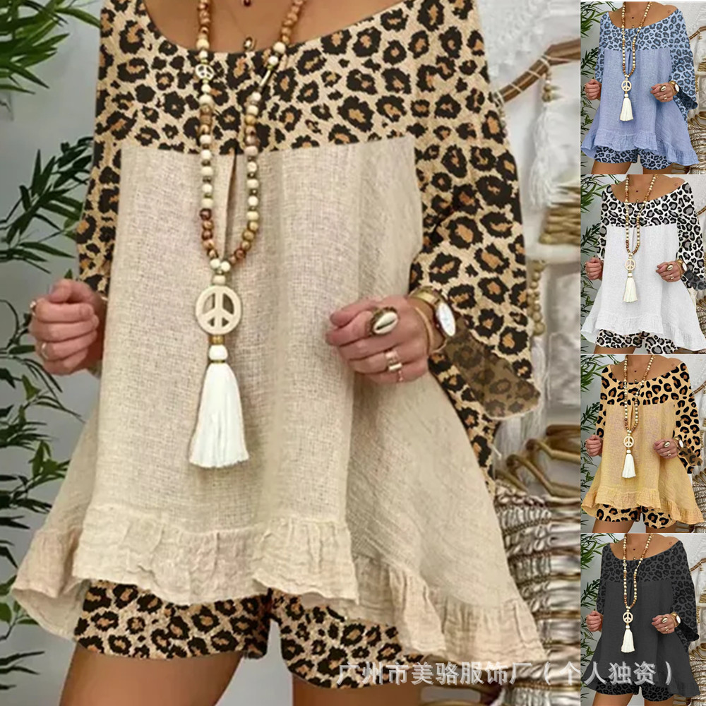 Leopard Print Patchwork Long Sleeve Shorts Set Casual Streetwear