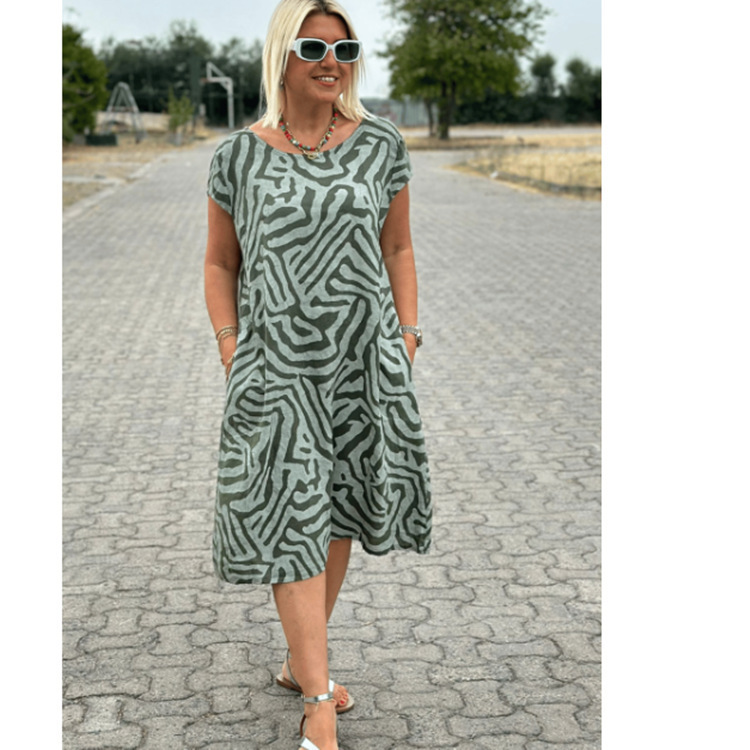 Bohemian Leopard Print Round Neck Loose A-Line Midi Dress