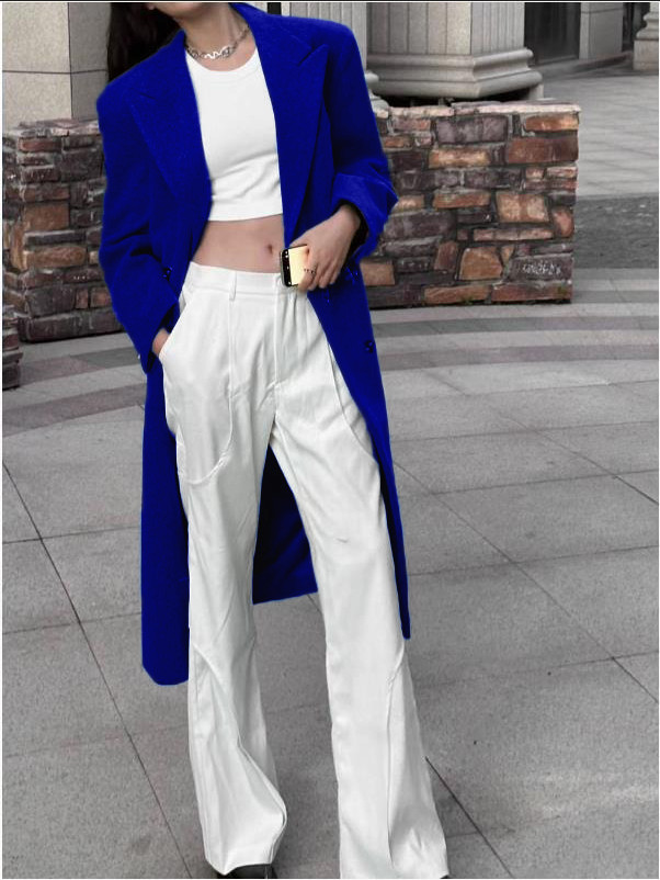 Women's Long Plus-Size Wool-Blend Coat with Double-Breasted Suit Collar