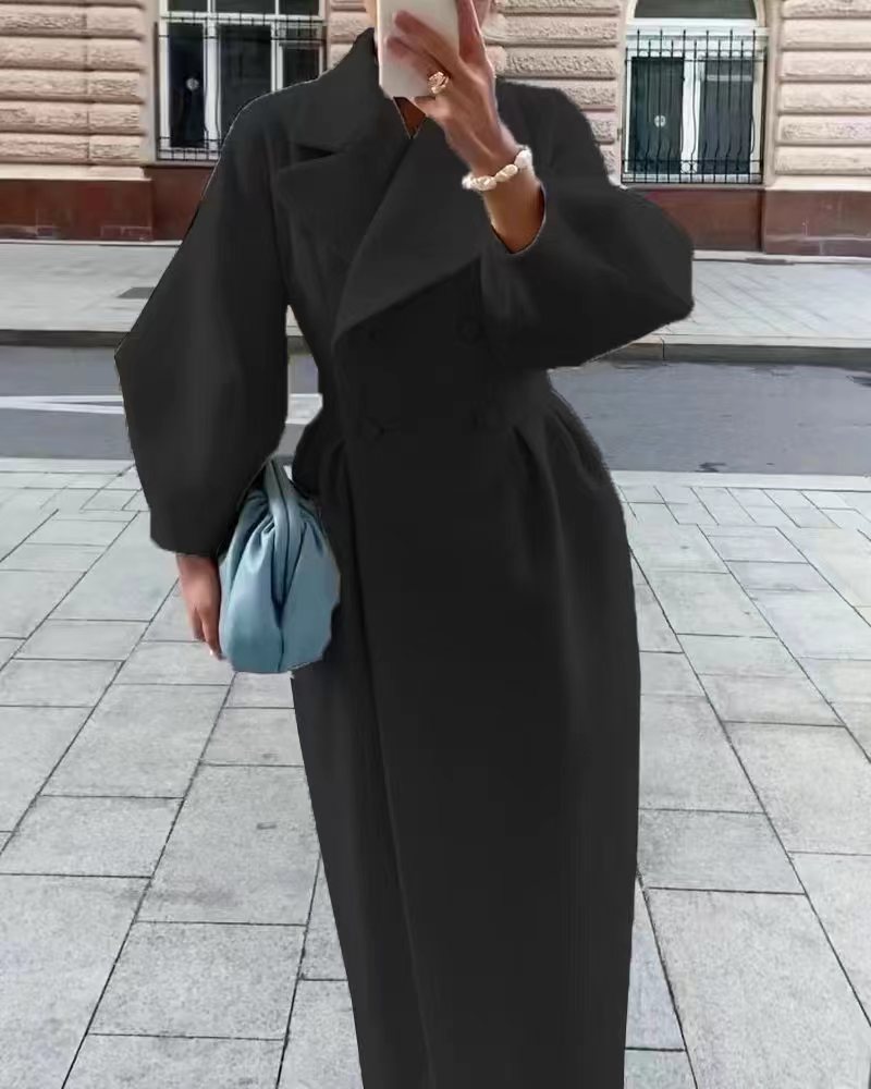Women's Vintage Wool Blend Long Coat with Lantern Sleeves and Wide Lapel
