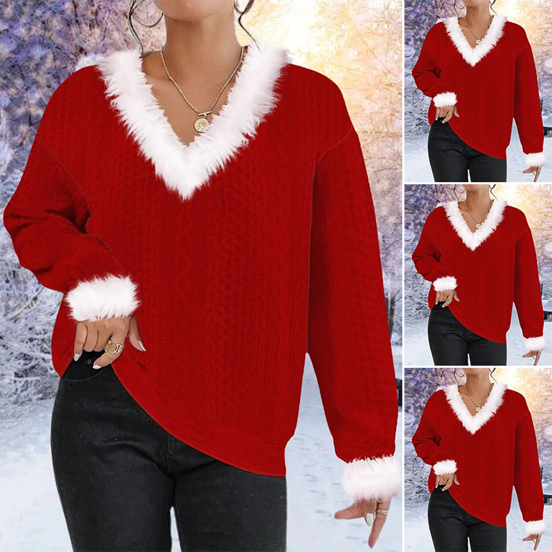 Women's Loose V-Neck Long Sleeve Cable Knit Sweater Solid Color Pullover