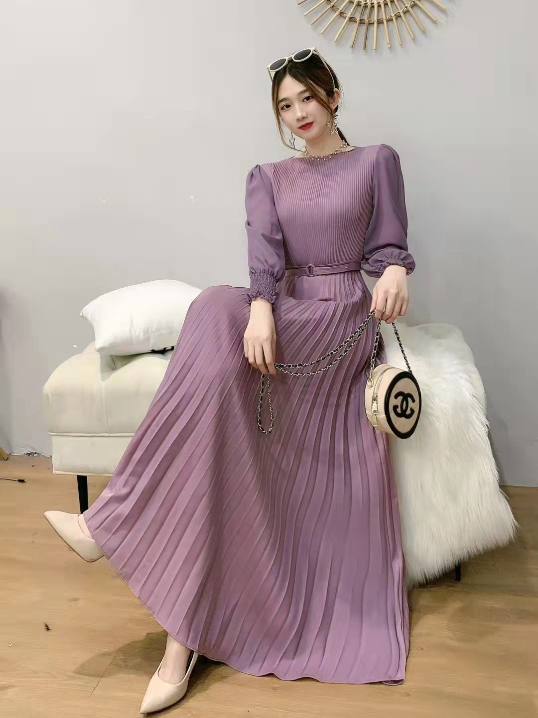 Pleated Long Sleeve Midi Dress