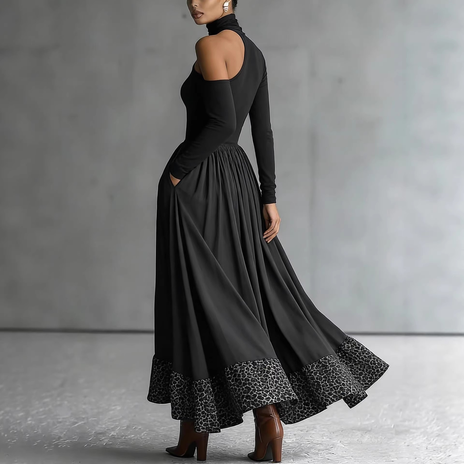 Women's Off-Shoulder Long Sleeve Maxi Dress with Drape