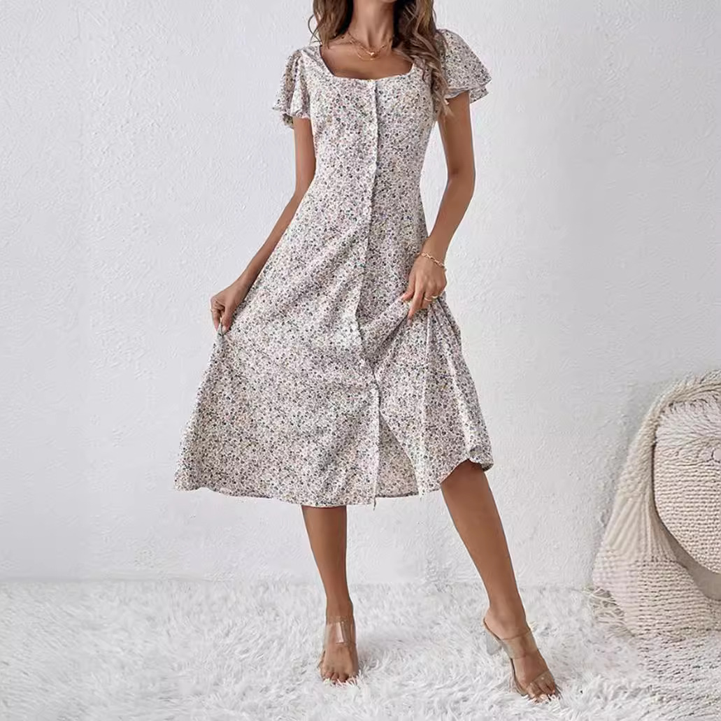 Floral Print Square Neck Short Sleeve Maxi Dress