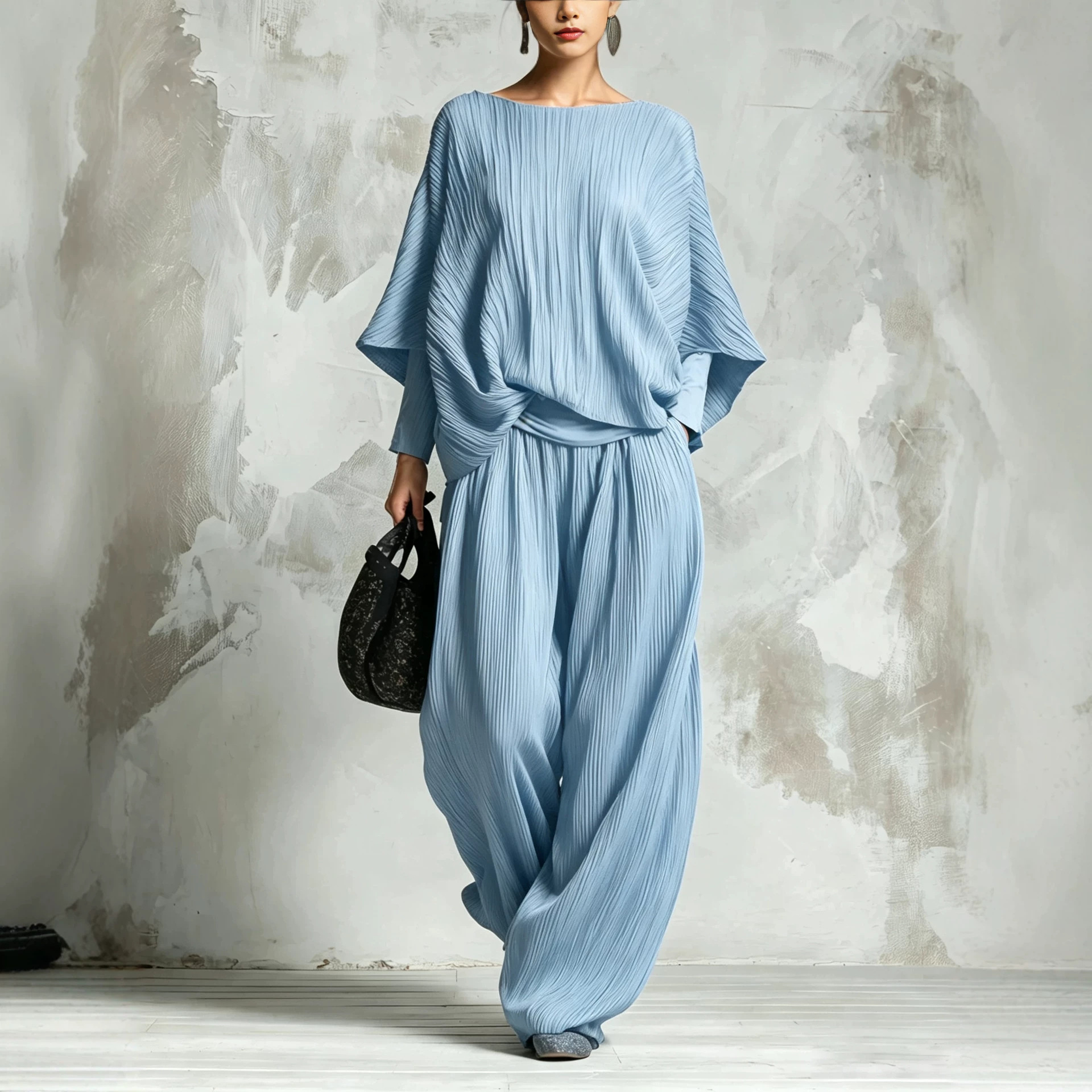 Ruched Batwing Sleeve Top & Wide-Leg Pants Two-Piece Lounge Set