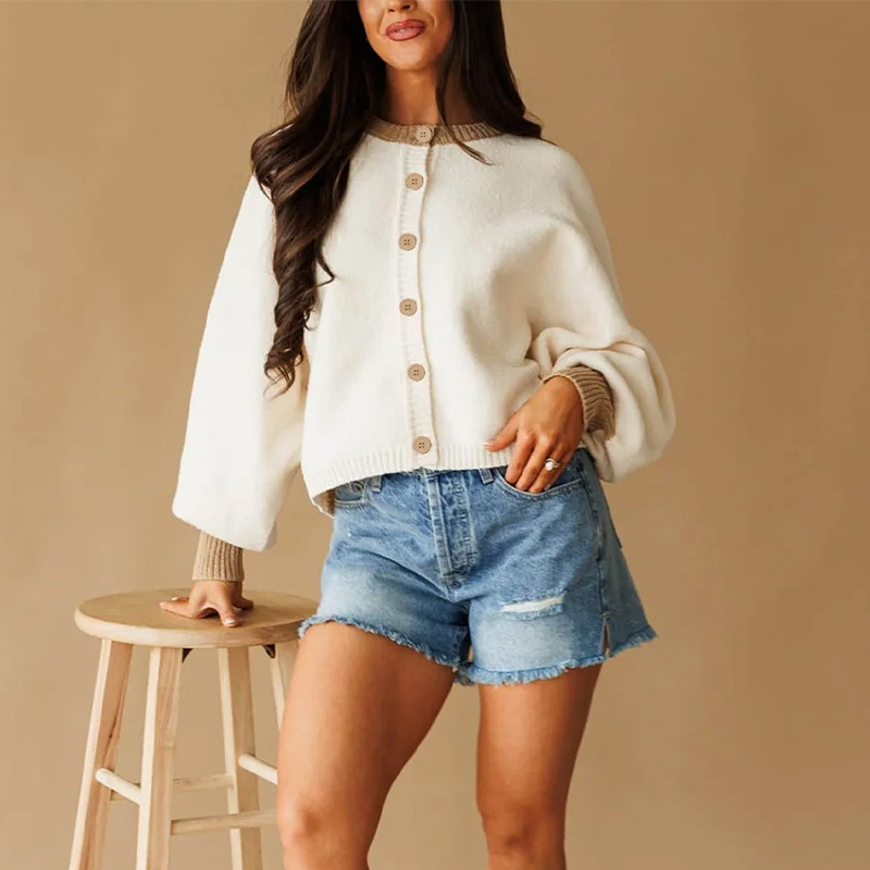 Women's Loose Knit Cardigan Color-Block Long Sleeve