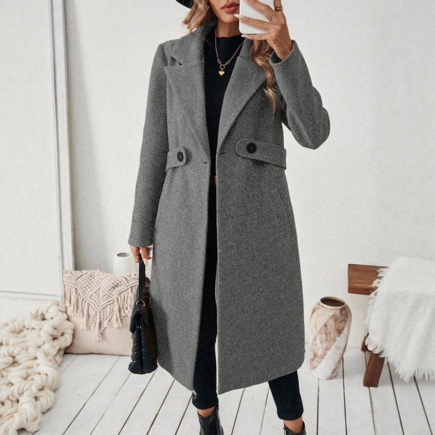 Women's Wool-Blend Double-Breasted Long Coat with Lapel Collar
