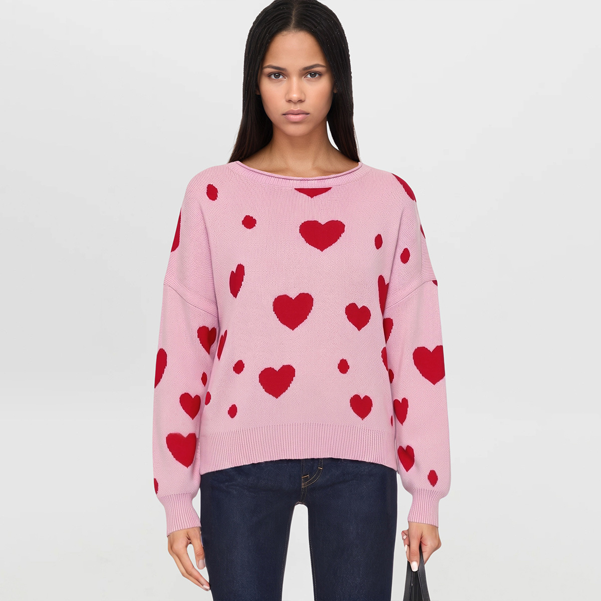 Polka Dot Heart Crewneck Pullover Sweater