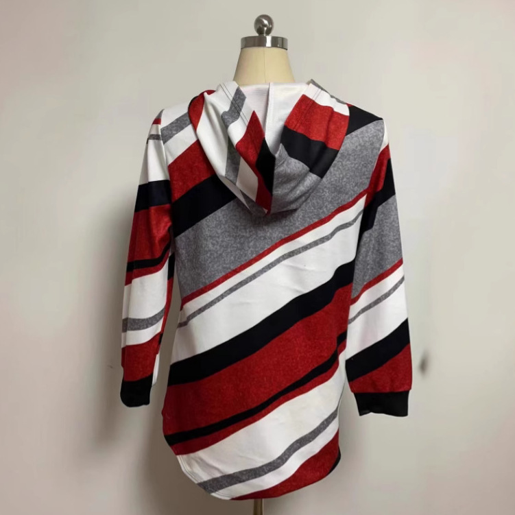 Women's Loose Striped Hooded Zip-Up Long Sleeve Jacket