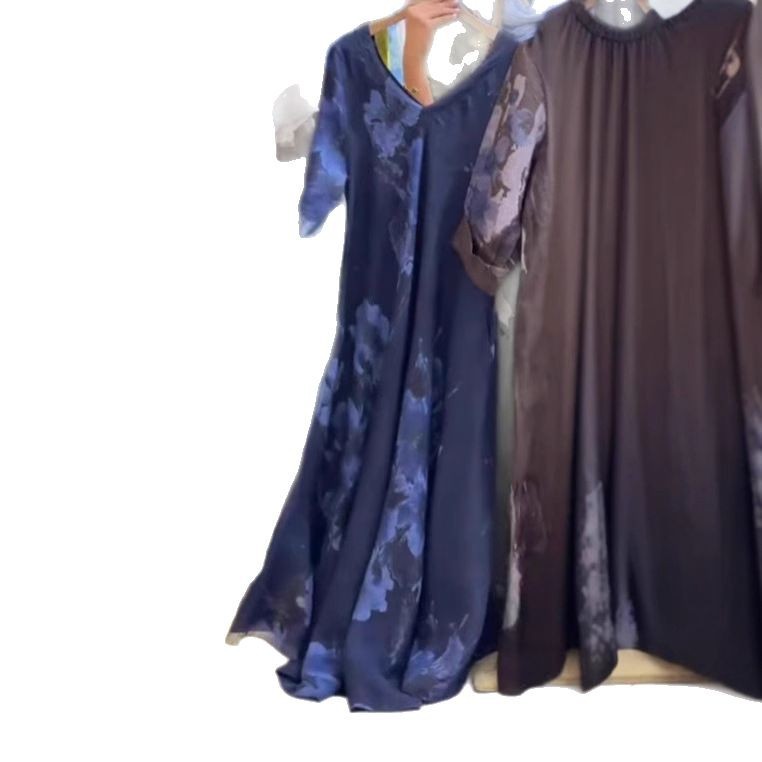 V-Neck Digital Print Short Sleeve A-Line Dress