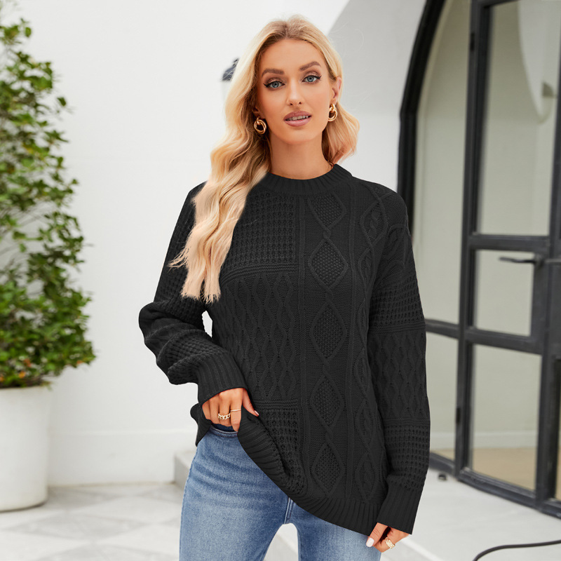 Cable-Knit Solid Crewneck Pullover Sweater Loose Fit