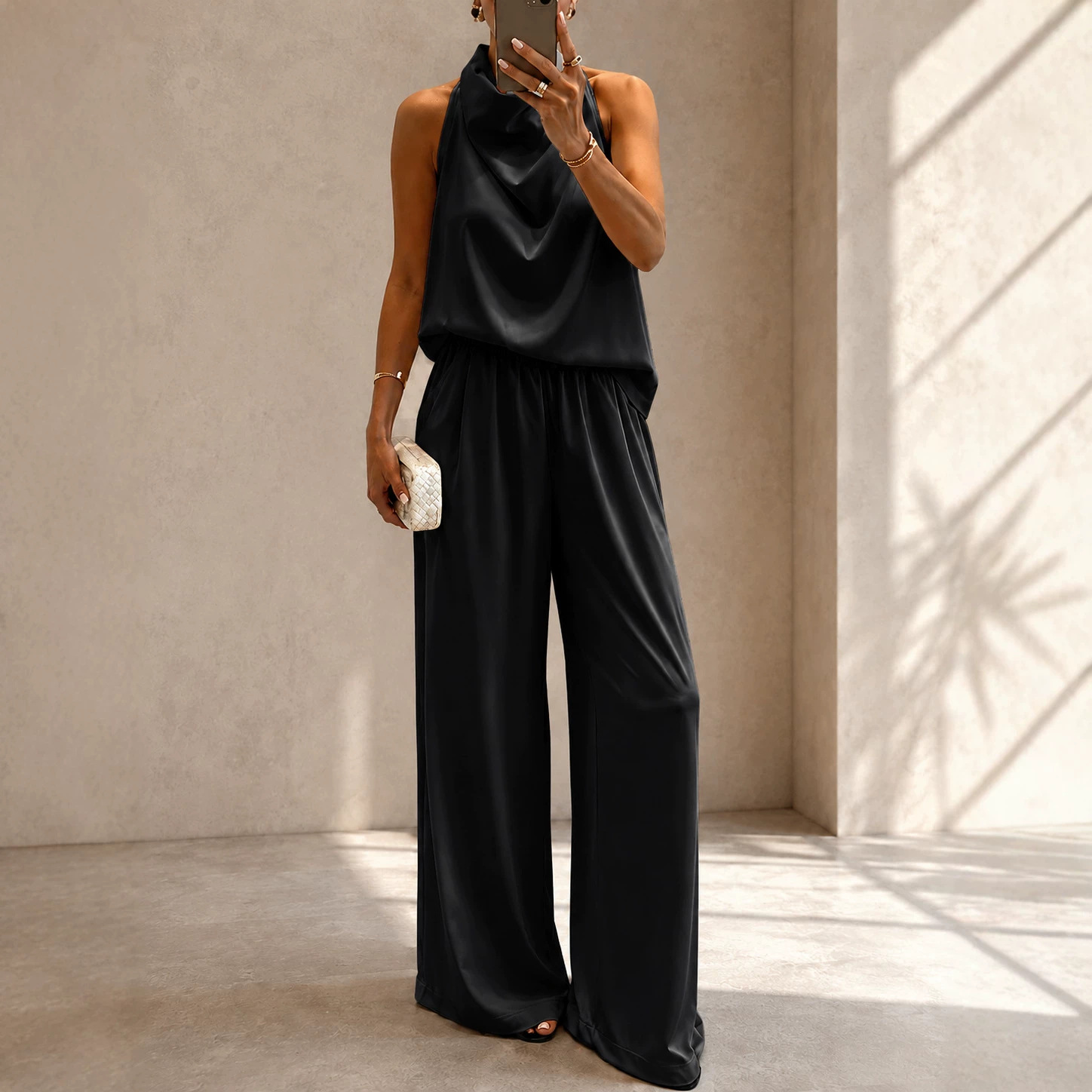 Women's Summer Halter V-Neck Sleeveless Top & High-Waist Wide-Leg Pants Set