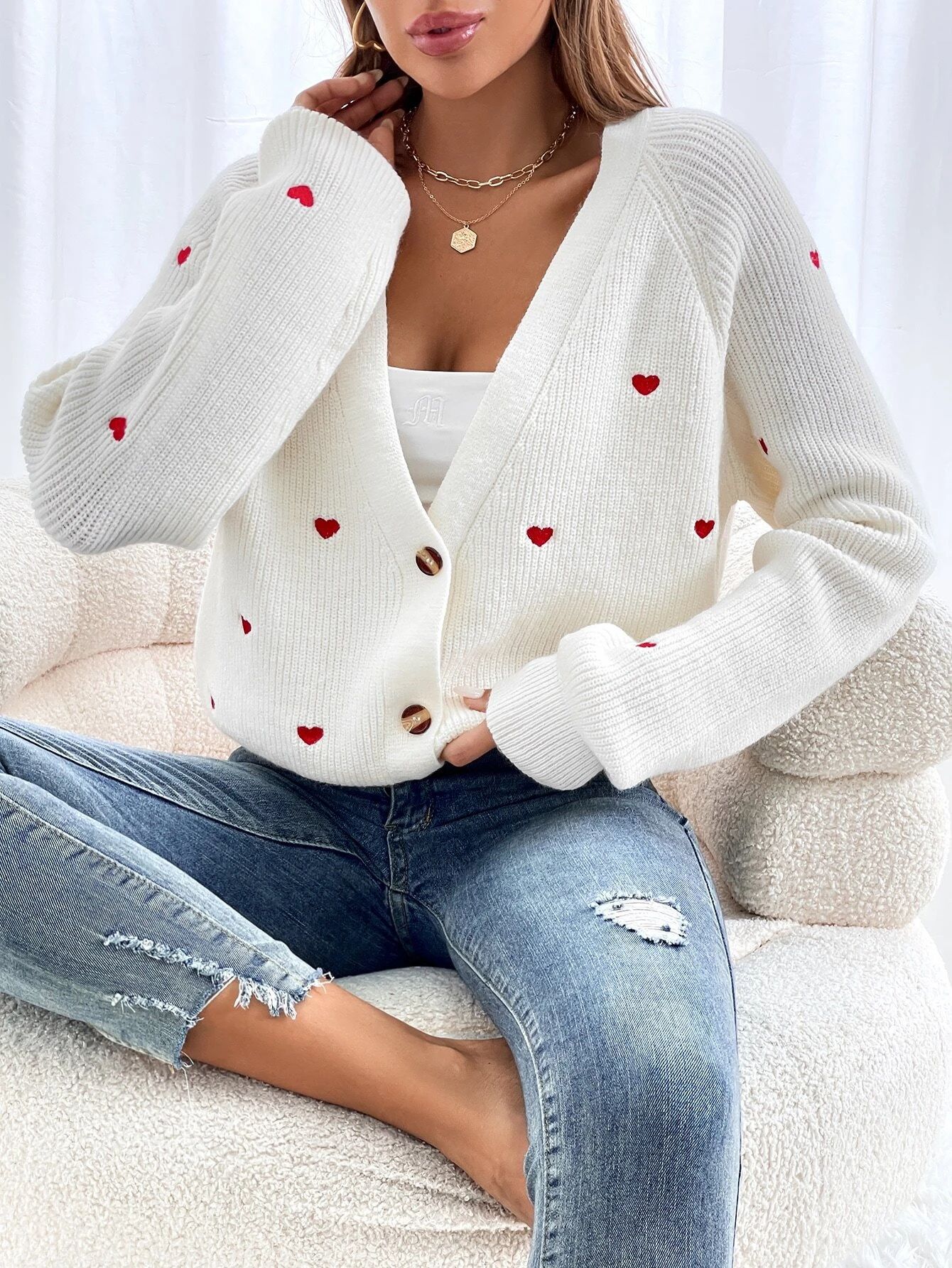 Heart Embroidered V-Neck Long Sleeve Knit Cardigan
