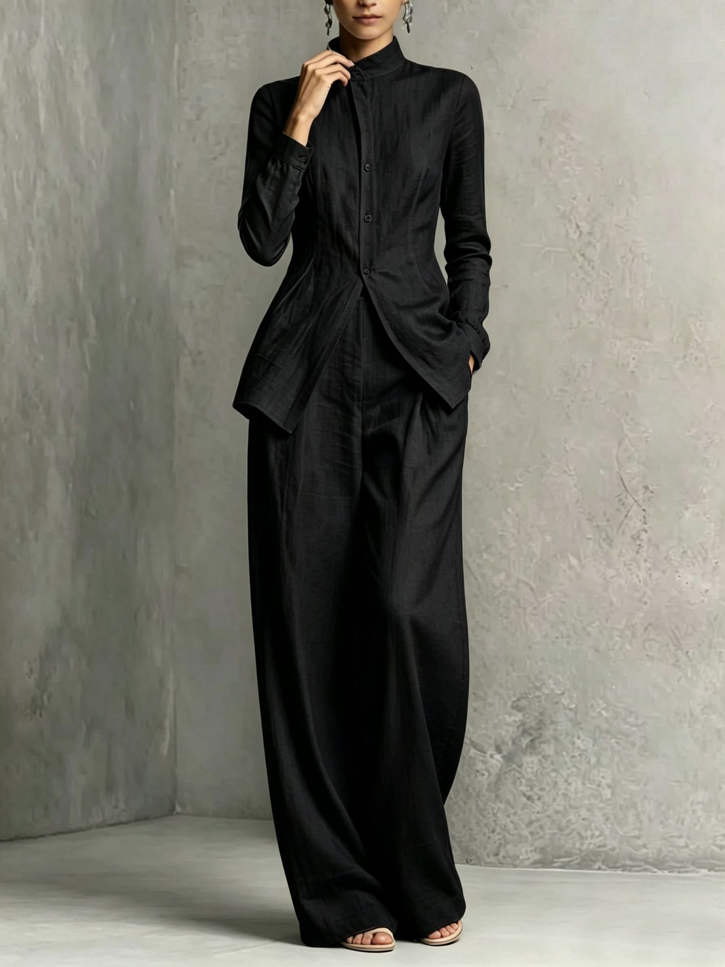Women's French Stand Collar Long Sleeve Fitted Shirt and Wide Leg Pants Set Minimalist Two-Piece