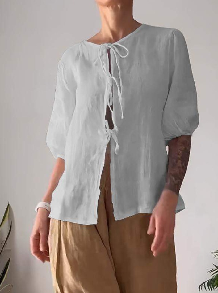 Women's Casual Solid Color Tie-Front Shirt and High-Waist Wide-Leg Pants Two-Piece Set