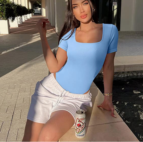 Ribbed Square Neck Short Sleeve Bodysuit