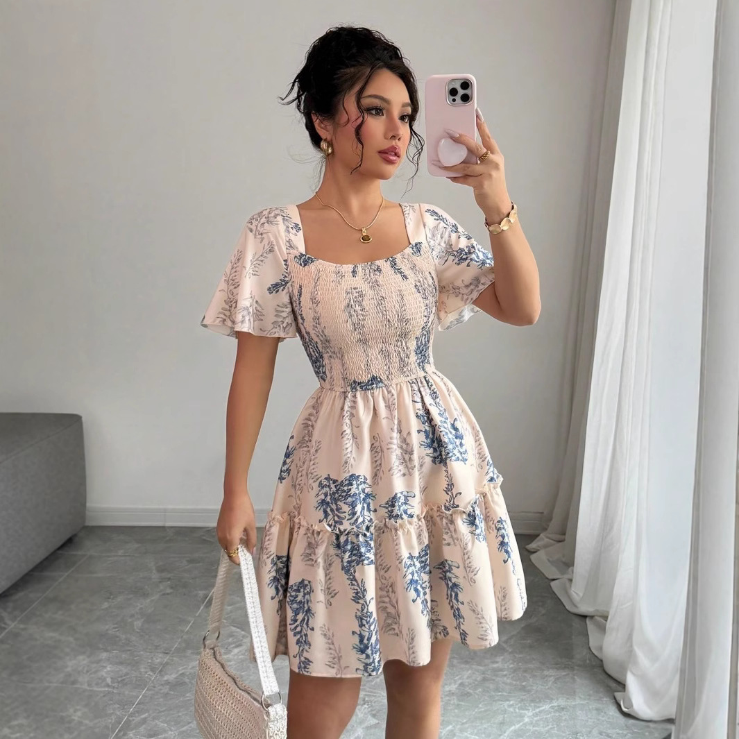 Women's Short Sleeve Boho Floral Off-Shoulder Adjustable Dress