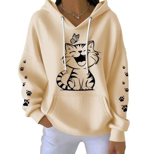 Women's Cat Paw Print Hoodie Long Sleeve Crewneck Pullover