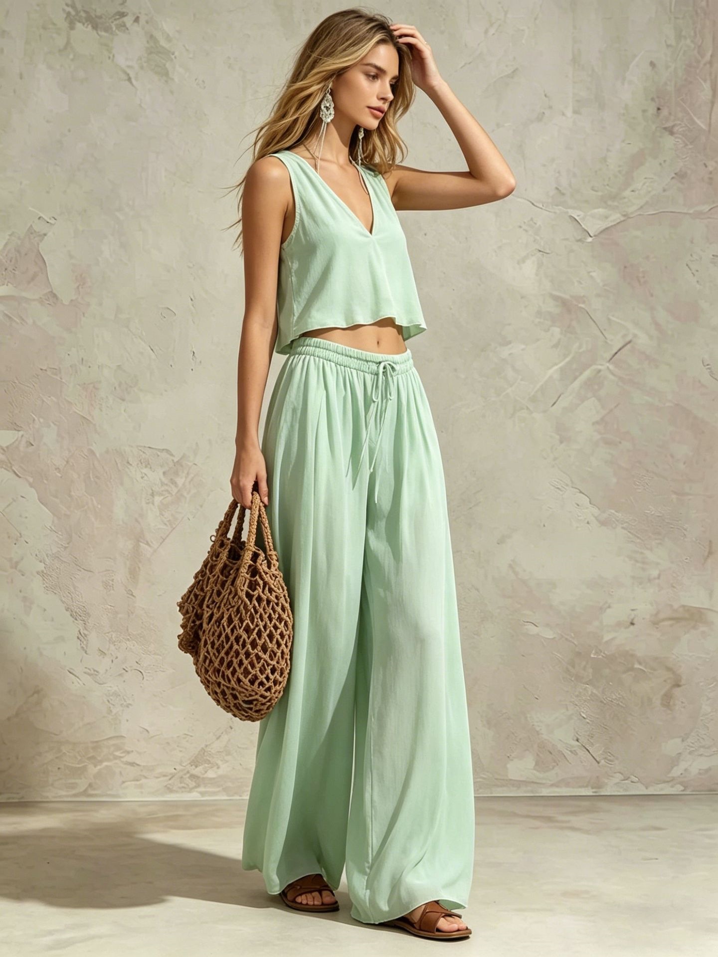 V-Neck Sleeveless Tank Top and Wide-Leg Pants Casual Set