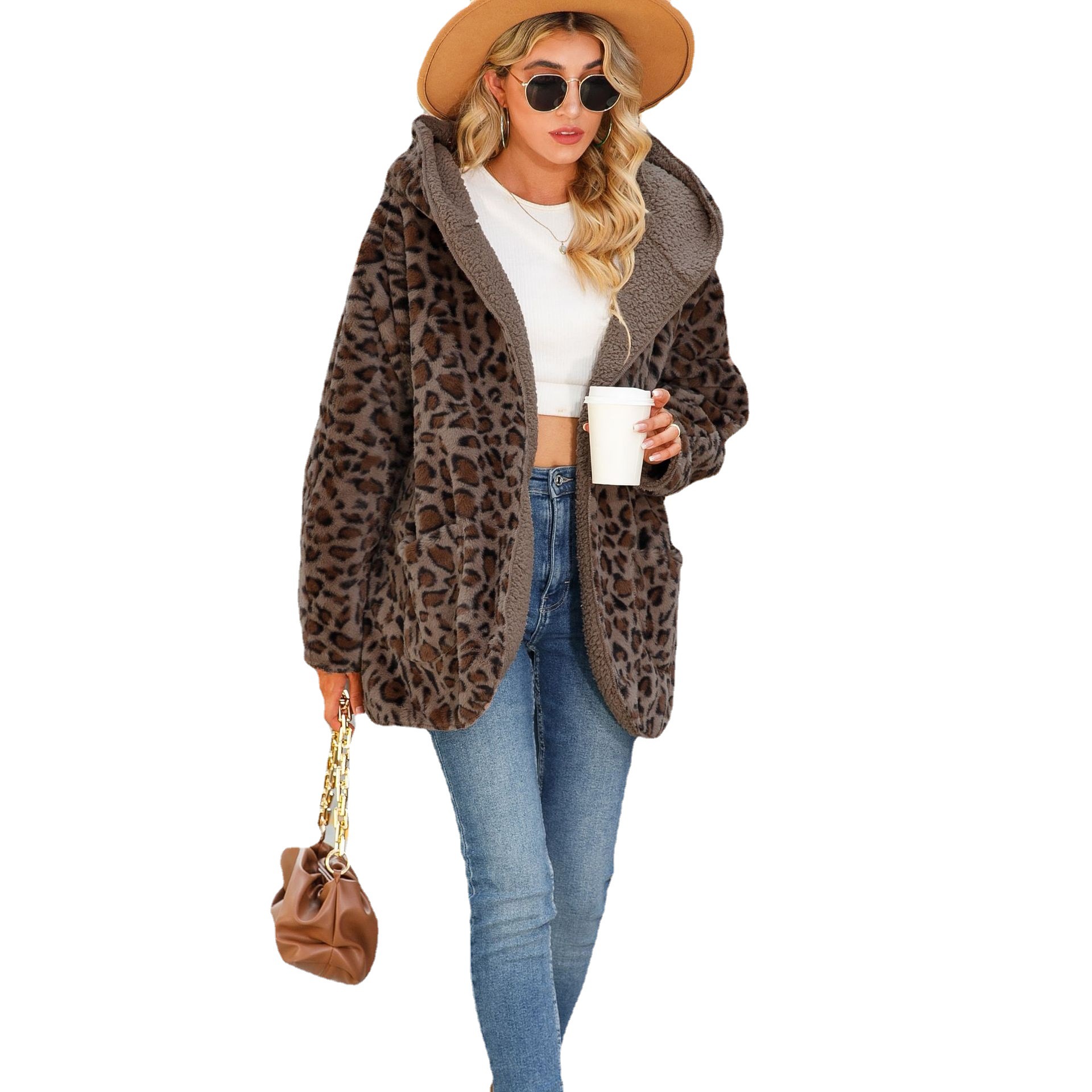 Faux Fur Leopard Print Hooded Long Sleeve Open Front Cardigan Coat