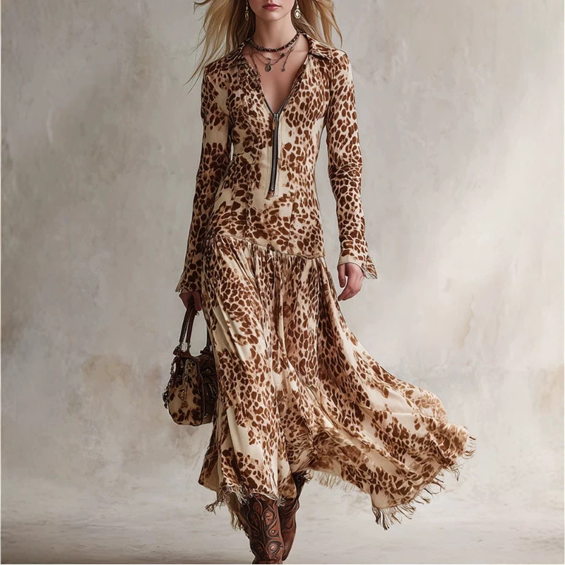 Vintage Elegant Beige Brown Print Fringe Long Dress