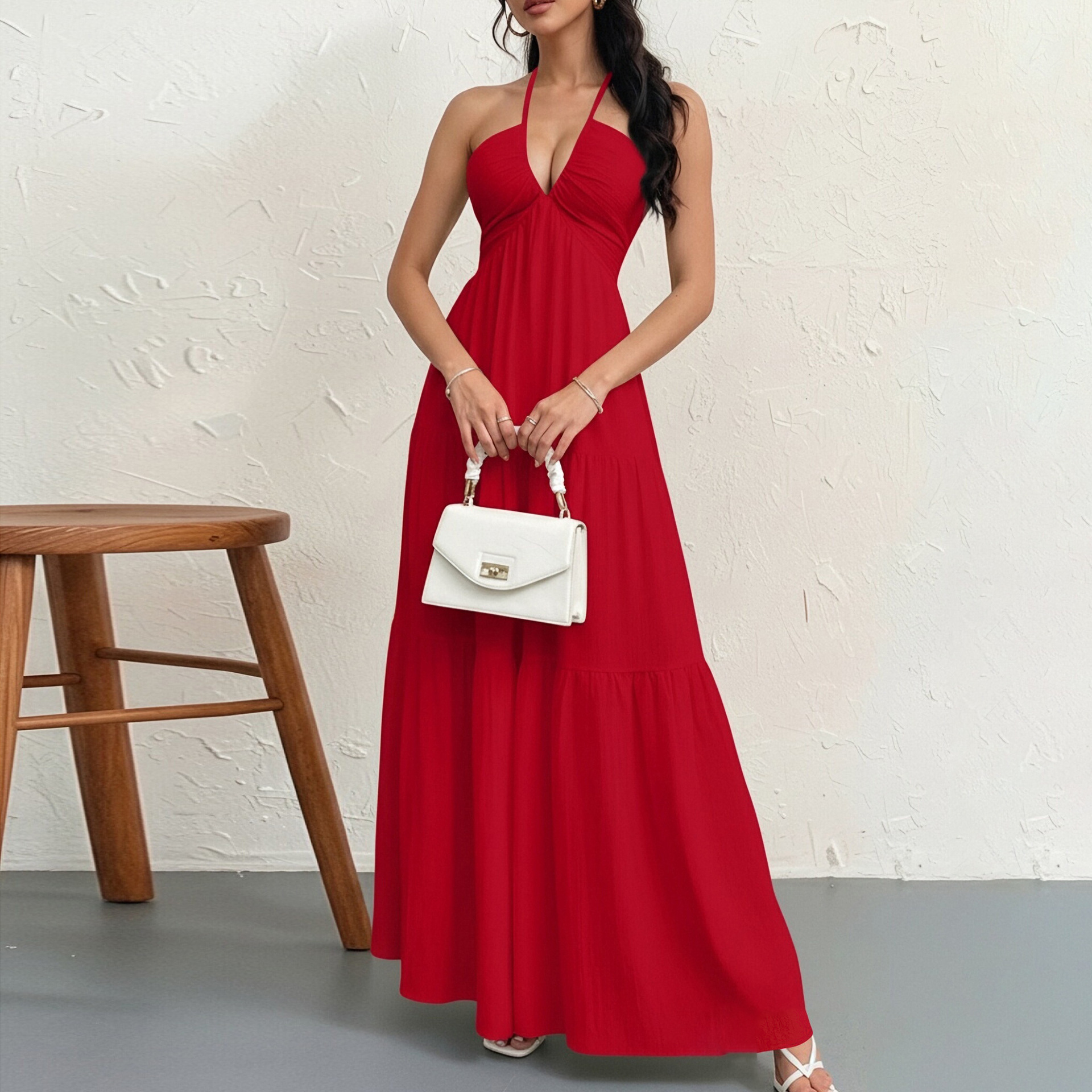 Sexy Halter Deep V Backless Tie Vacation Maxi Dress