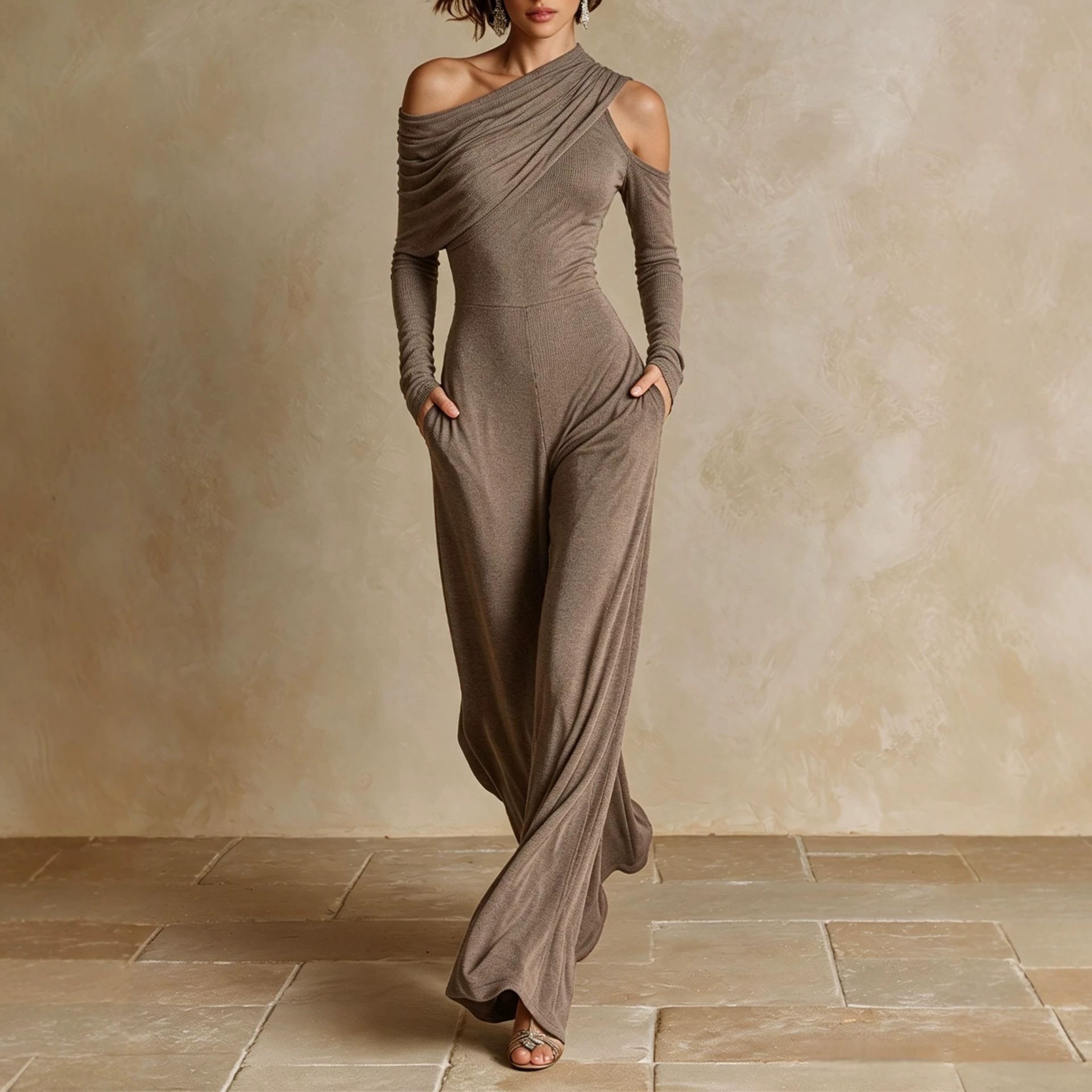 Women's Asymmetric One-Shoulder Pleated Wide-Leg Jumpsuit