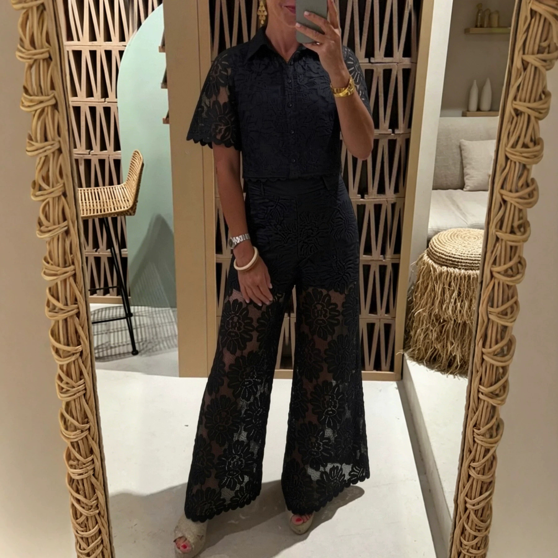 Women's Lace Crochet Short Sleeve Collared High Waist Pants Set
