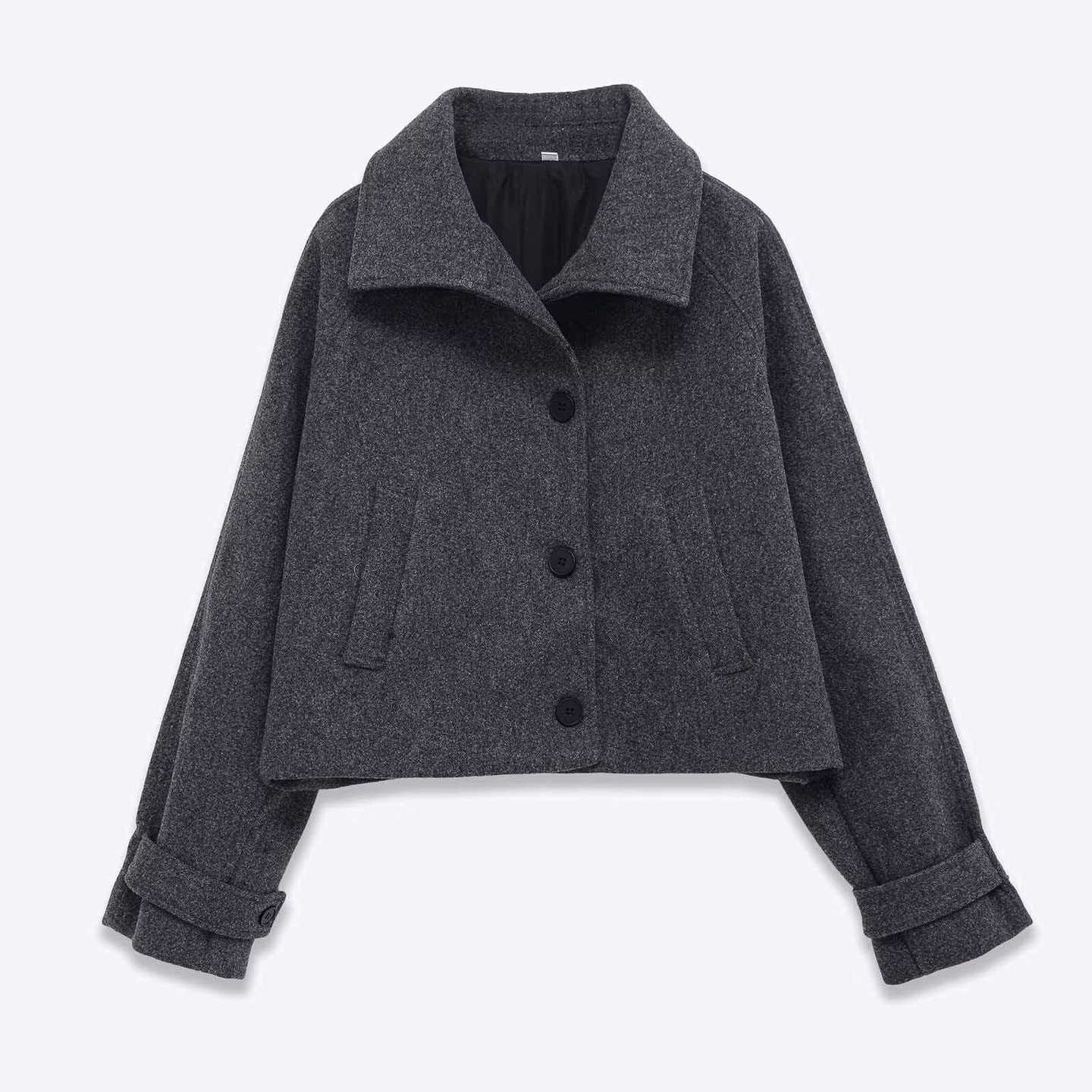 Dark Gray Wool-Blend Cropped Collared Coat