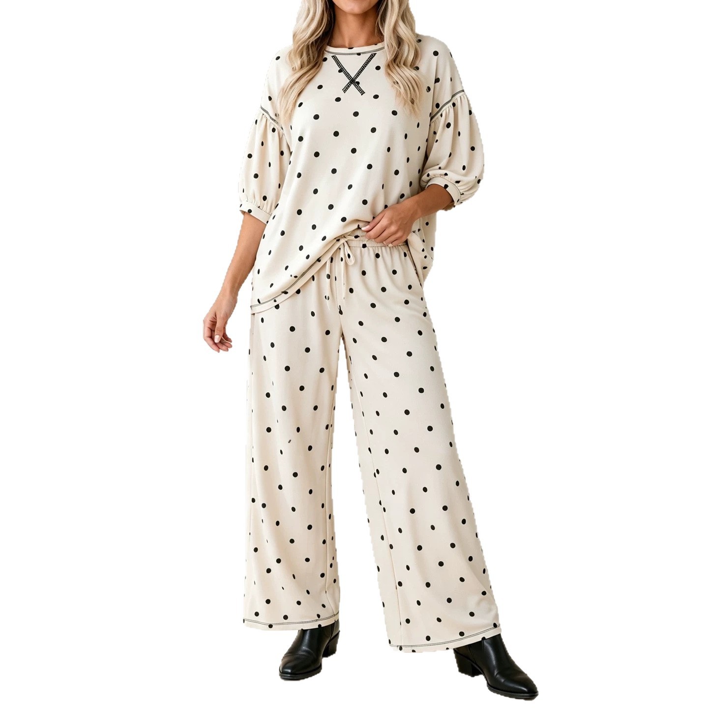Women's Polka Dot Print Tie-Waist Wide-Leg Two-Piece Set