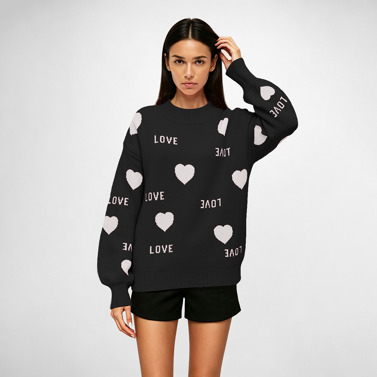 Heart Crewneck Knit Sweater Colorblock Pullover