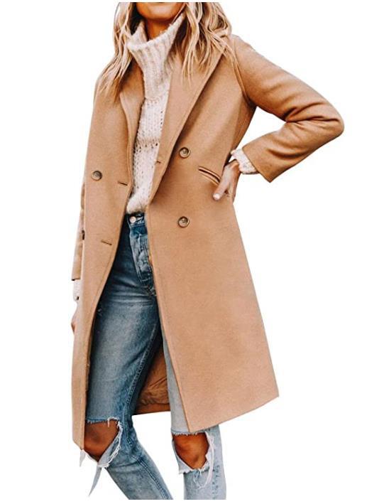 Women's Mid-Length Wool Coat Double-Breasted Slim Fit