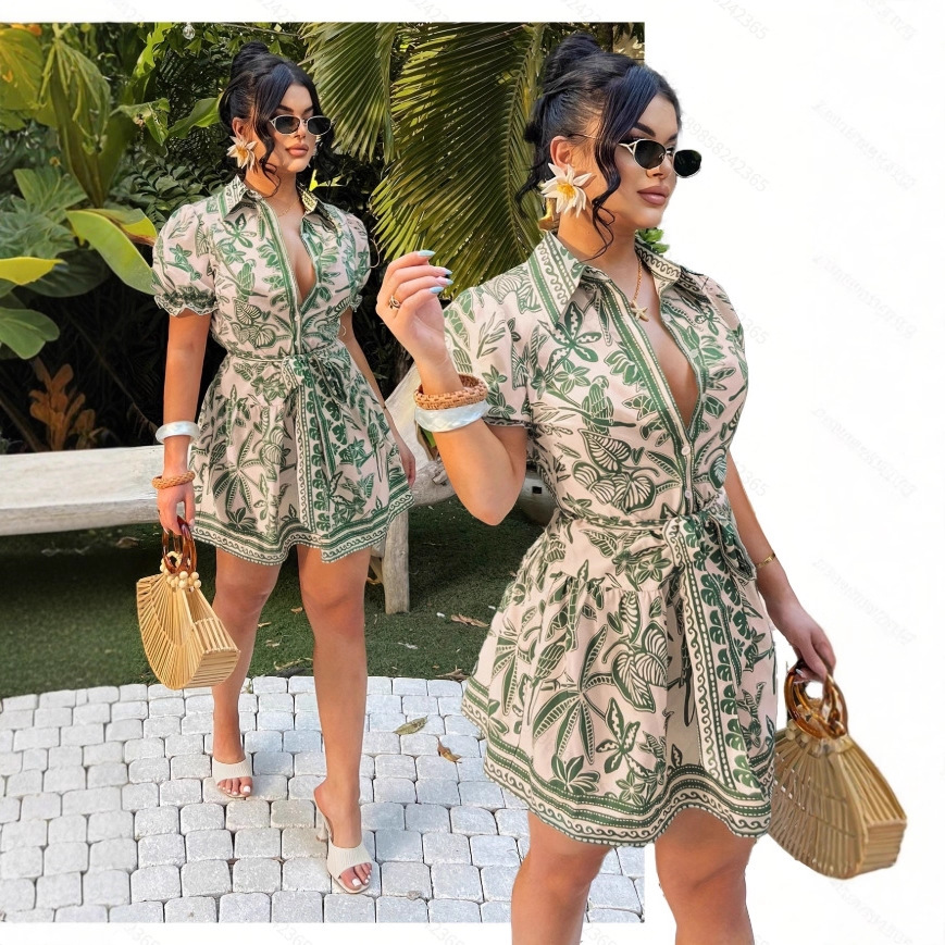 Boho Button-Front Tie-Front Short Sleeve A-Line Mini Dress