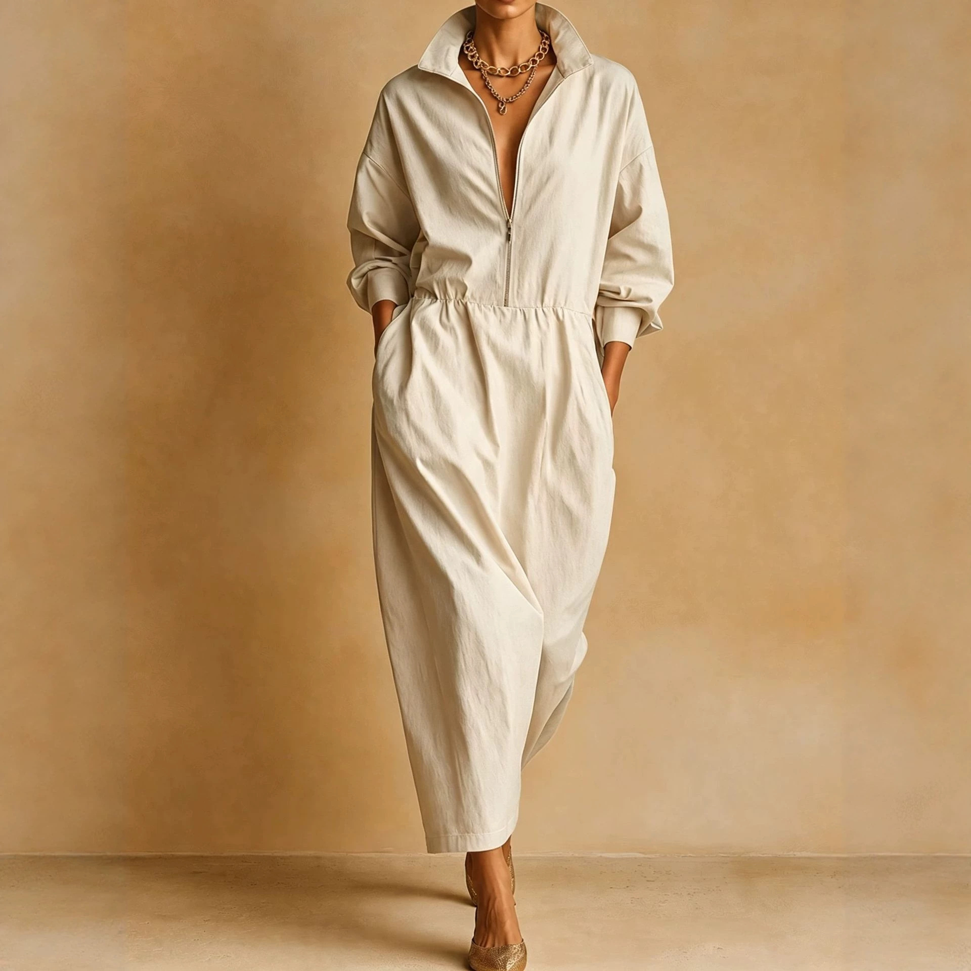 Women's Stand Collar Loose Pocket Midi Dress