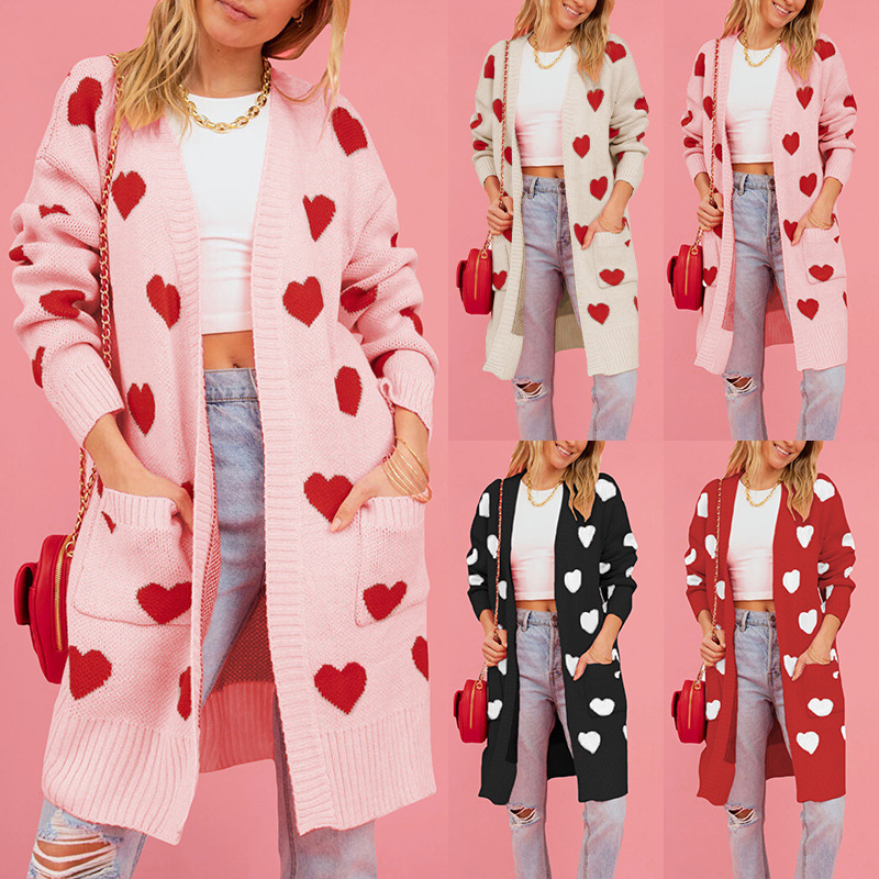 Heart Jacquard Knit Midi Cardigan Sweater Coat Women's Plus Size