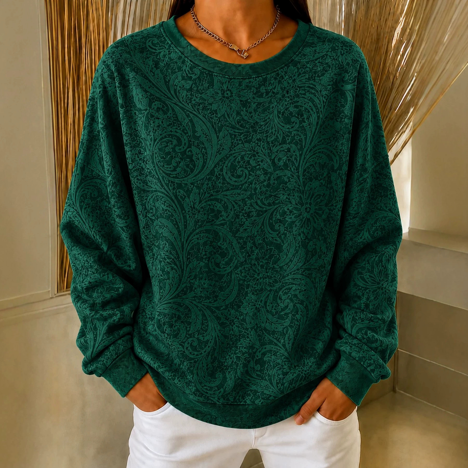 Bohemian Print Crewneck Long Sleeve Pullover Sweatshirt